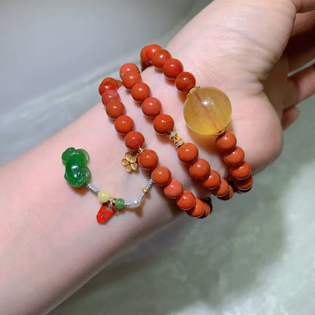 Southern Red Agate Multi-Wrap Bracelet · Yellow Fluorite Bead & Green Jasper Charm · 7.5mm — detail photo
