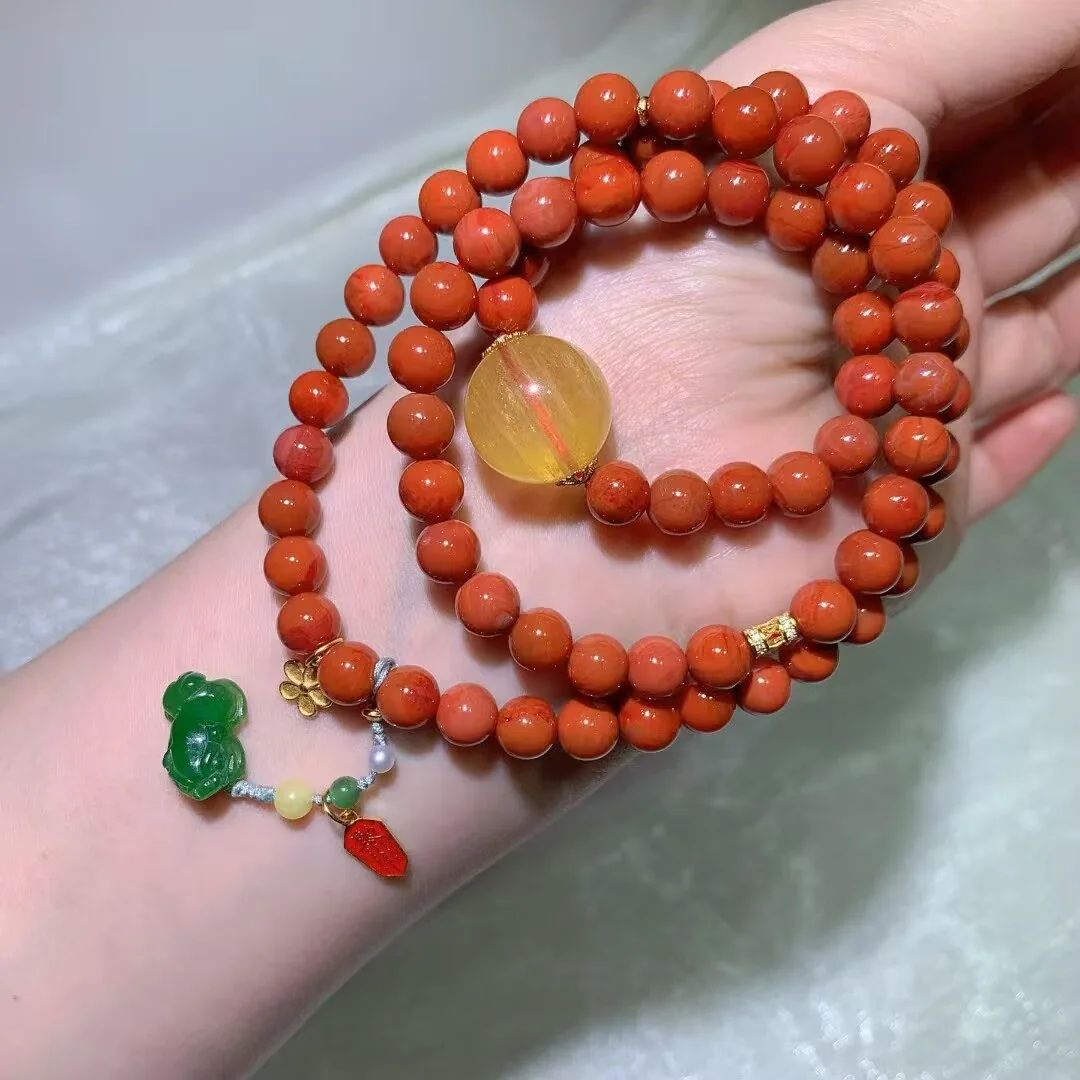 Southern Red Agate Multi-Wrap Bracelet · Yellow Fluorite Bead & Green Jasper Charm · 7.5mm