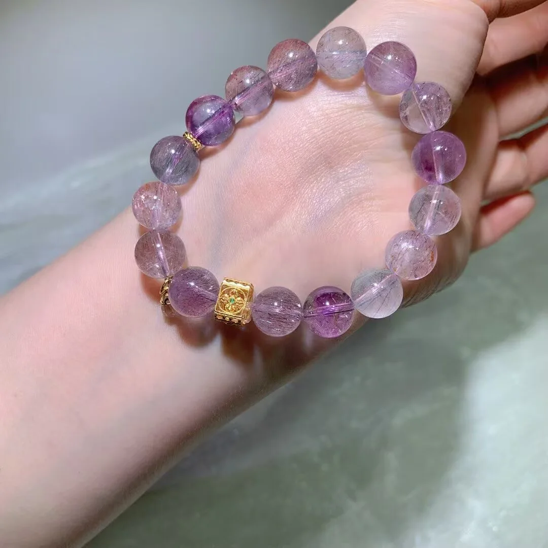 天然超七手链(古法方珠与透明小水滴 · 11mm) — 细节图