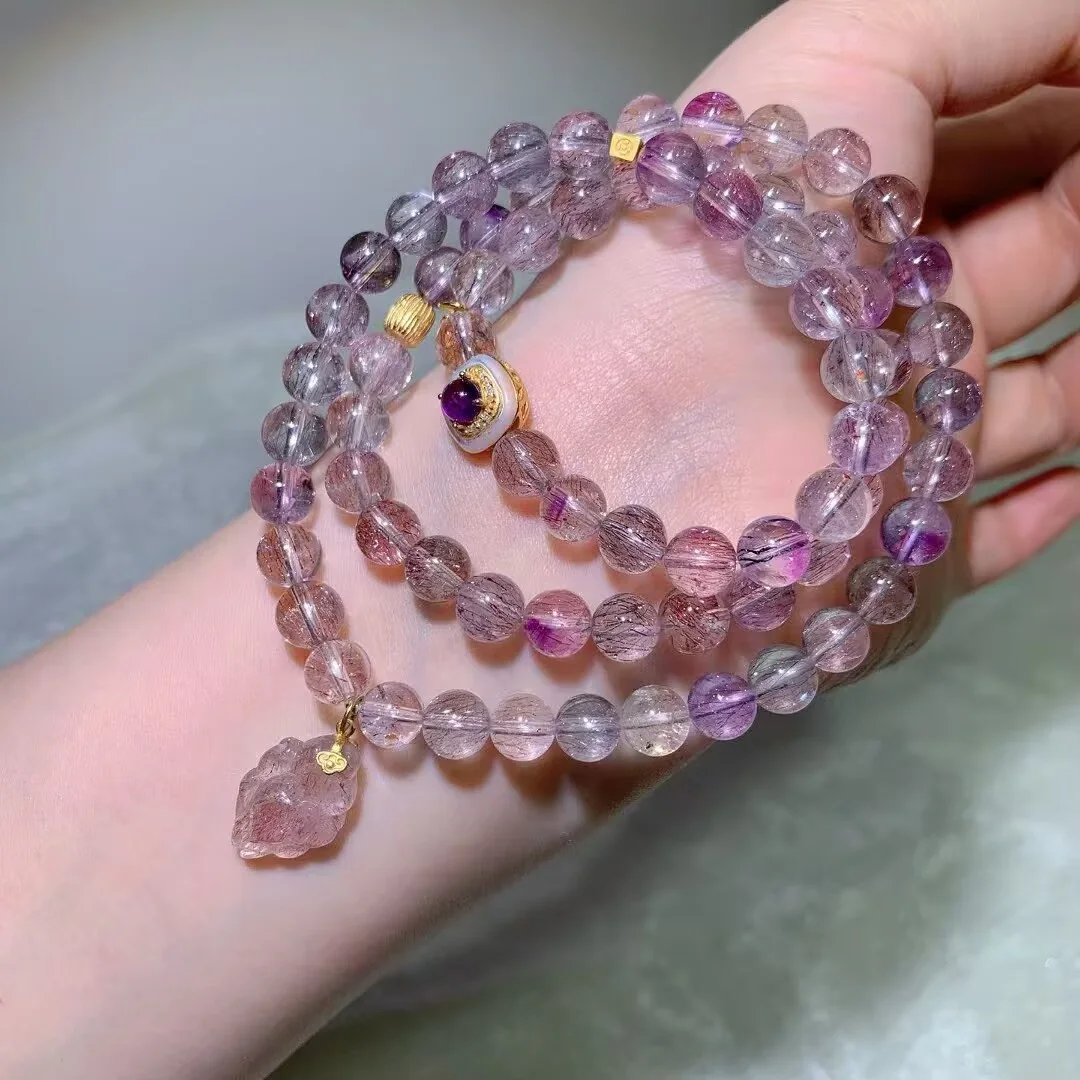 슈퍼 세븐 멀티 랩 팔찌 · 조각 참과 장식 비즈 · 7.6mm