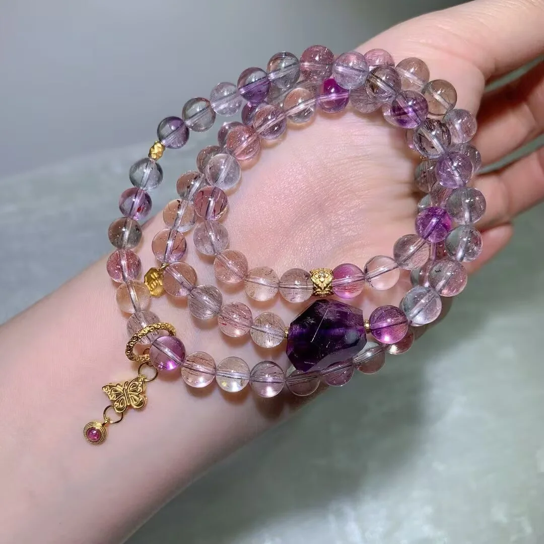 Super Seven Multi-Wrap Bracelet · Purple Nugget & Butterfly · 7.6mm