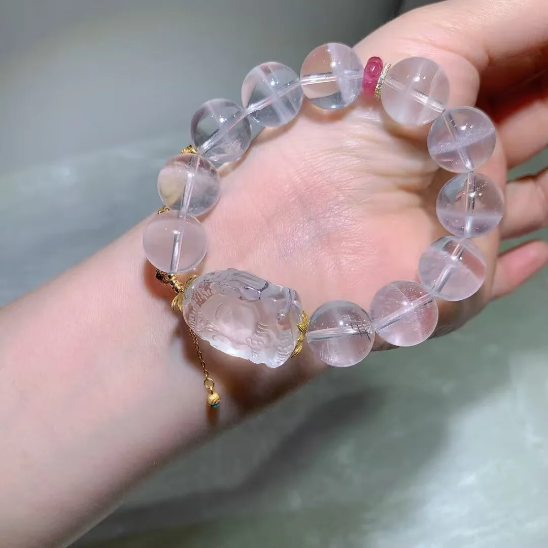 天然白幽灵手链（瑞兽雕件 · 14.5mm） — 细节图