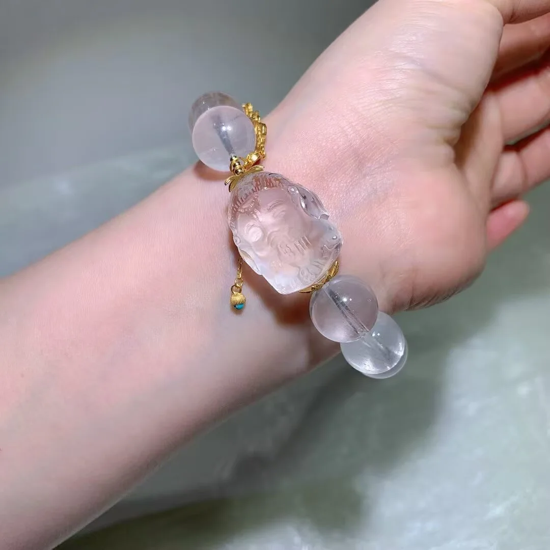天然白幽灵手链（瑞兽雕件 · 14.5mm）