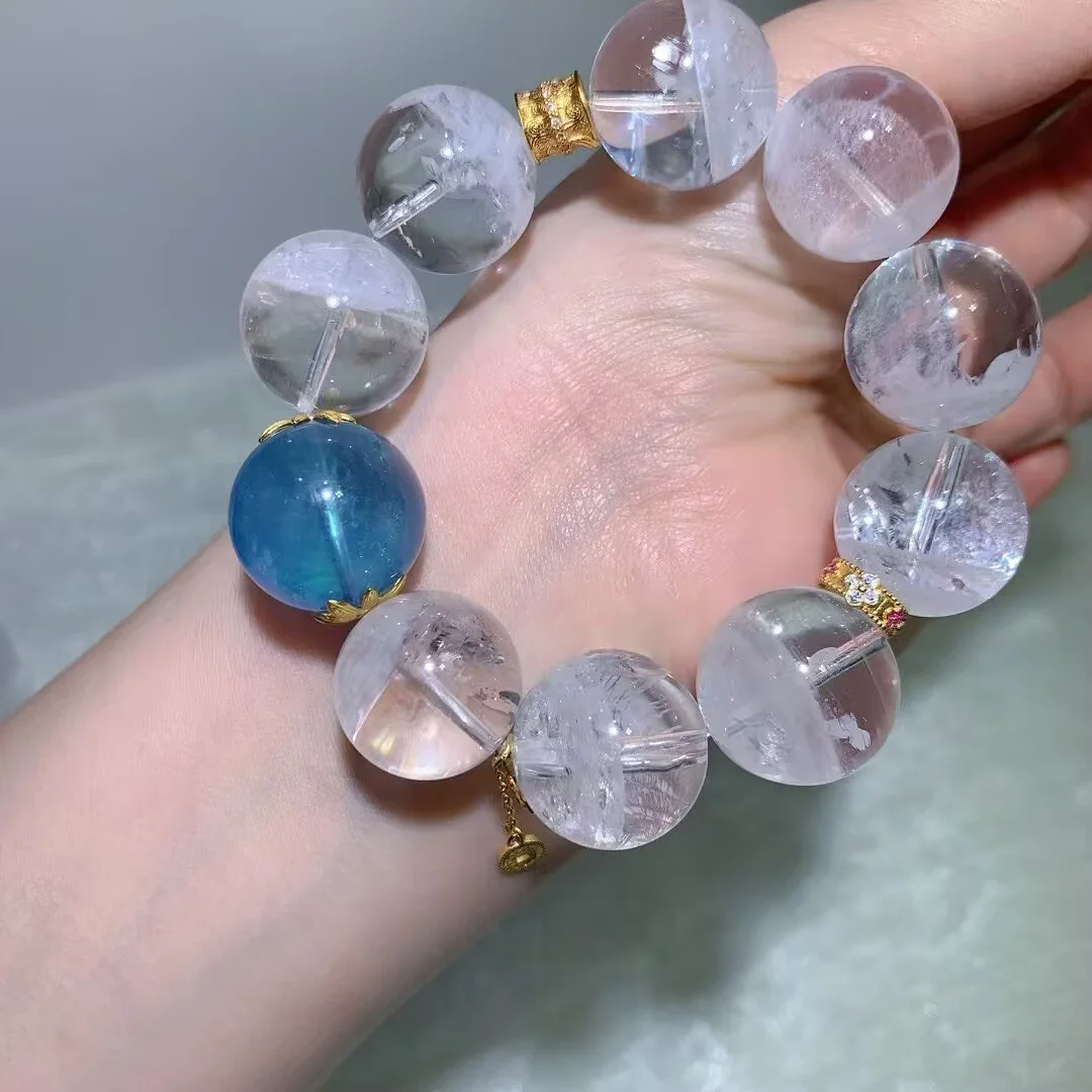 White Phantom Quartz Bracelet · Deep-Blue Bead & Ornate Barrel · 20.2mm — detail photo