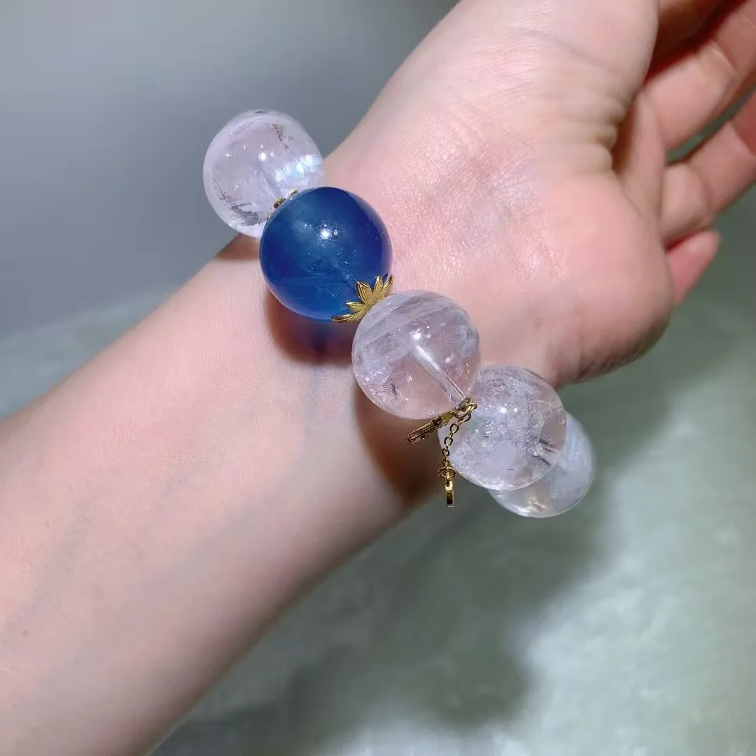 White Phantom Quartz Bracelet · Deep-Blue Bead & Ornate Barrel · 20.2mm