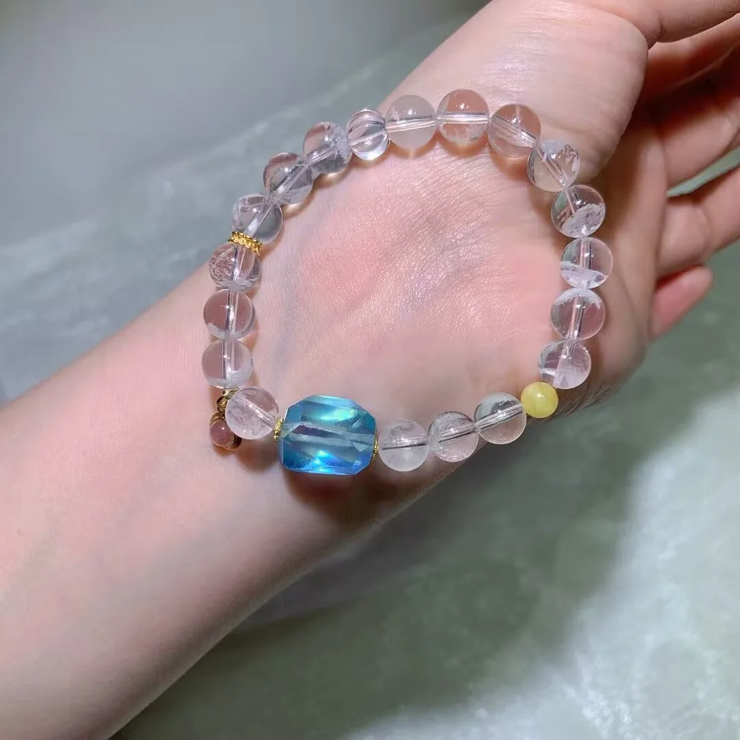 White Phantom Quartz Bracelet · Blue Faceted Nugget & Pink Drop · 8.3mm