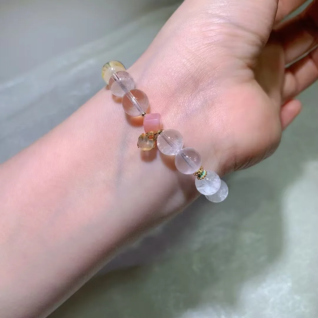 White Phantom Quartz Bracelet · Pink Barrel Bead & Small Drop · 9.7mm — detail photo