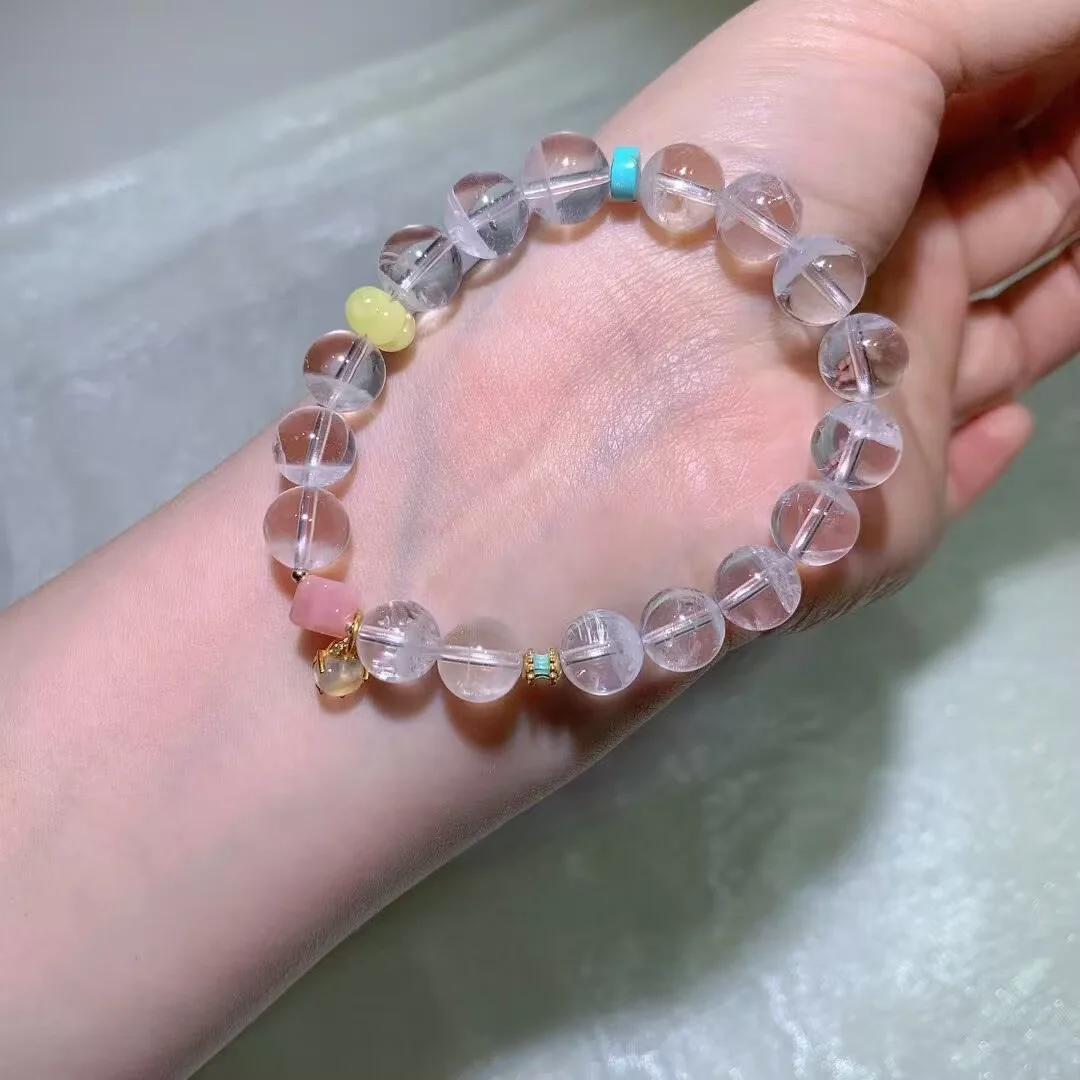 White Phantom Quartz Bracelet · Pink Barrel Bead & Small Drop · 9.7mm