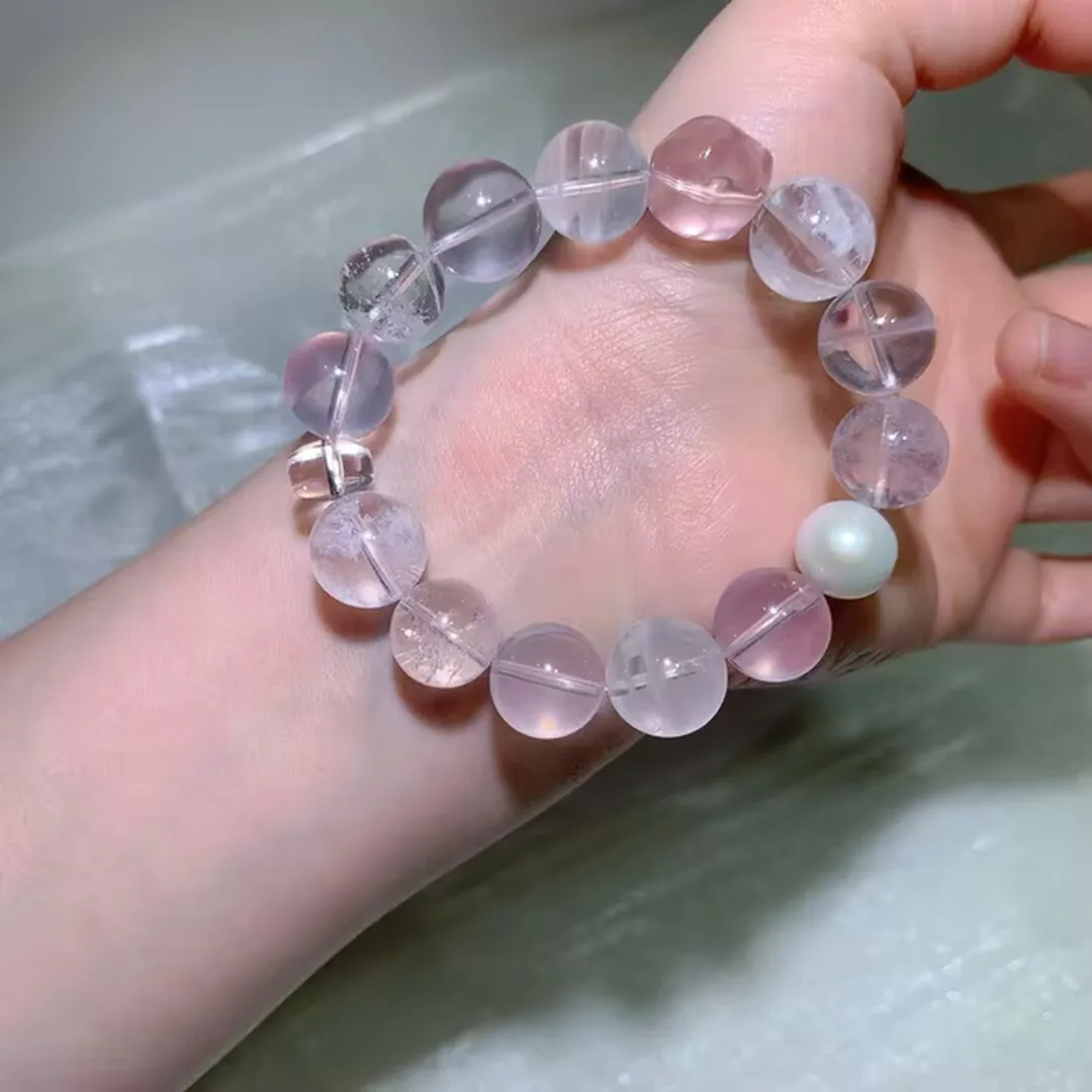 Natural White Phantom Quartz Bracelet with Pink Quartz & Pearl (13.6mm)