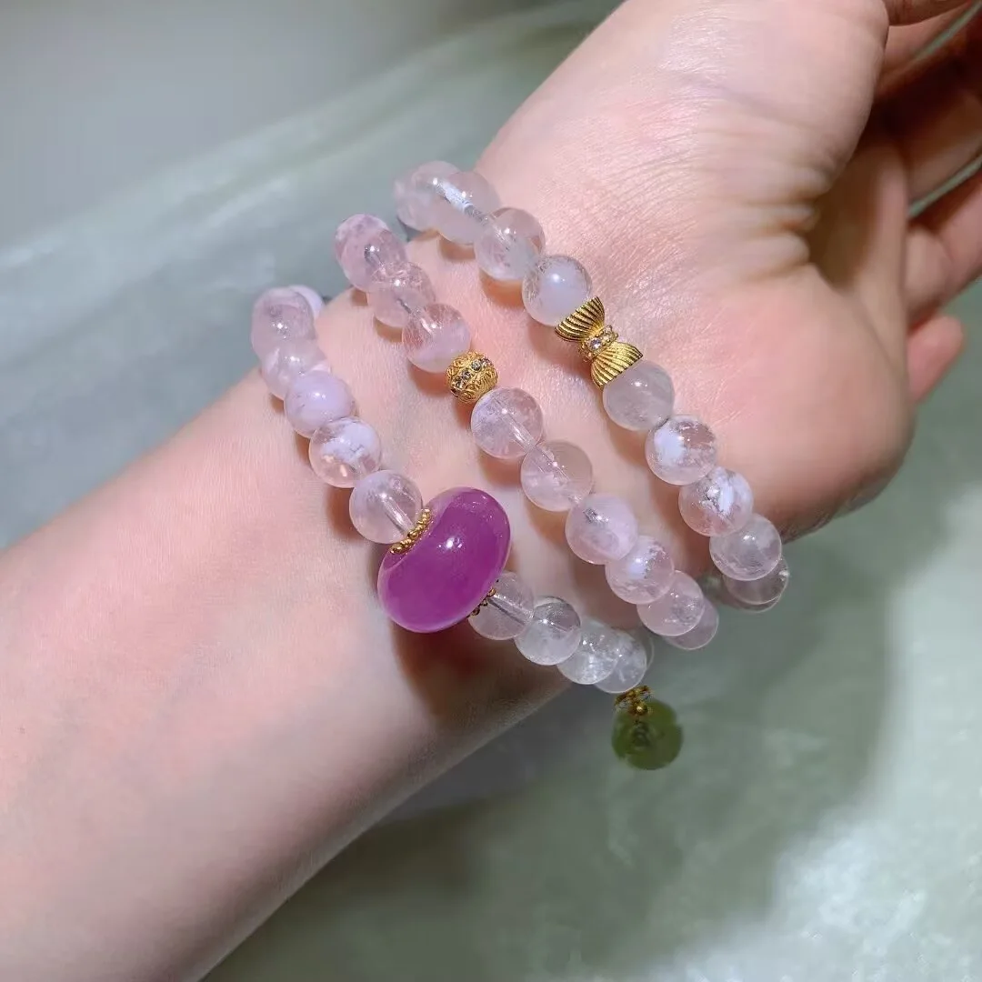 White Phantom Quartz Multi-Wrap Bracelet · Pink Phantom & Green Flower Bud · 8mm — detail photo